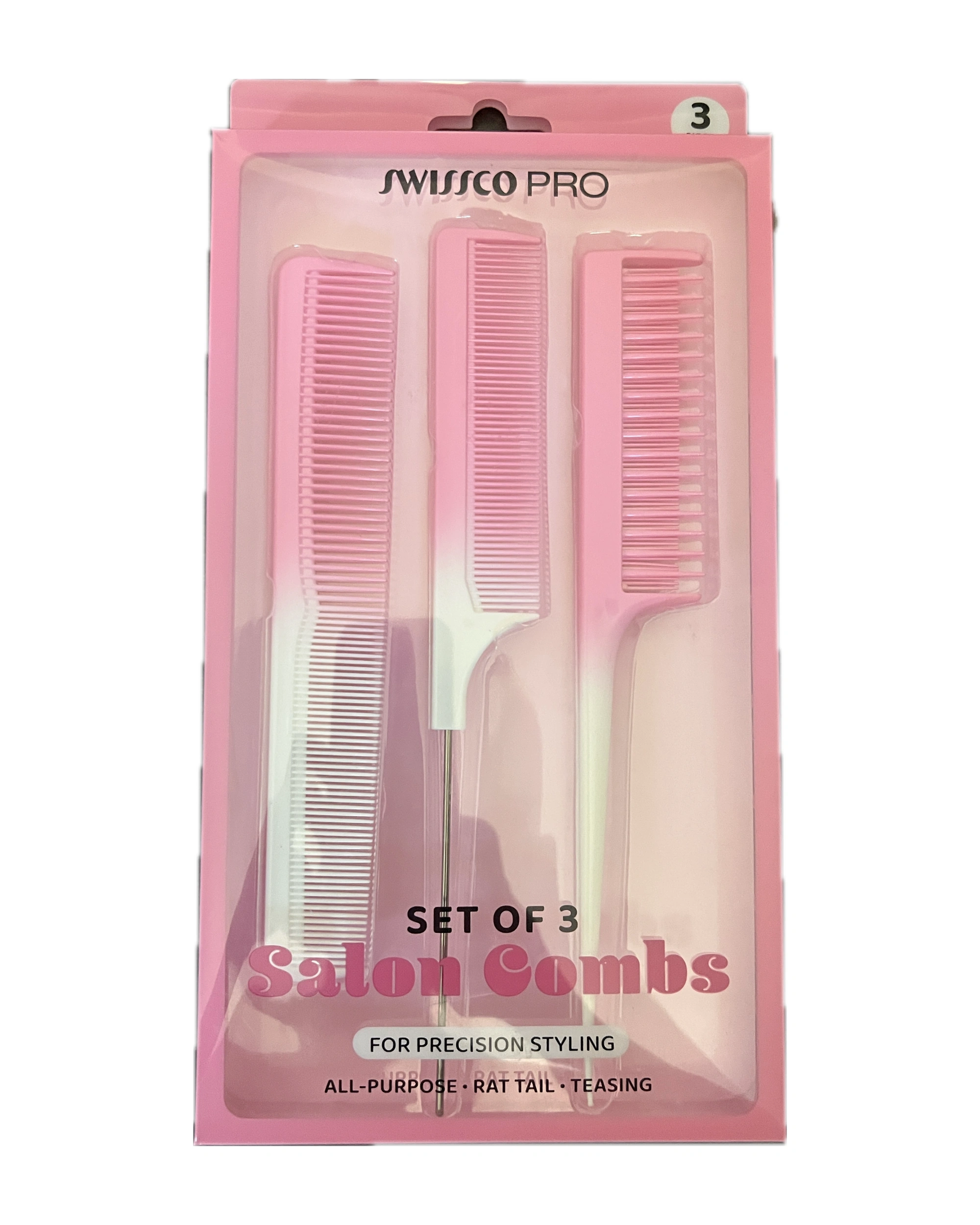 Swissco Pro Set Of 3 Salon Combs For Precision Styling — Pink White Color Block