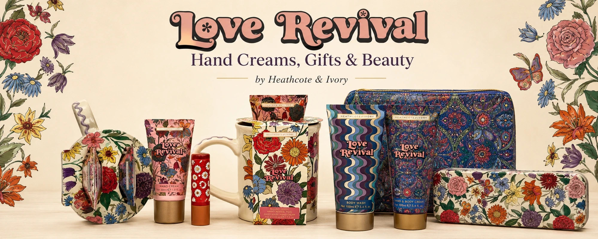 Love Revival by Heathcote and Ivory hand creams, body care, cosmetic bags and beauty gifts at Coyful