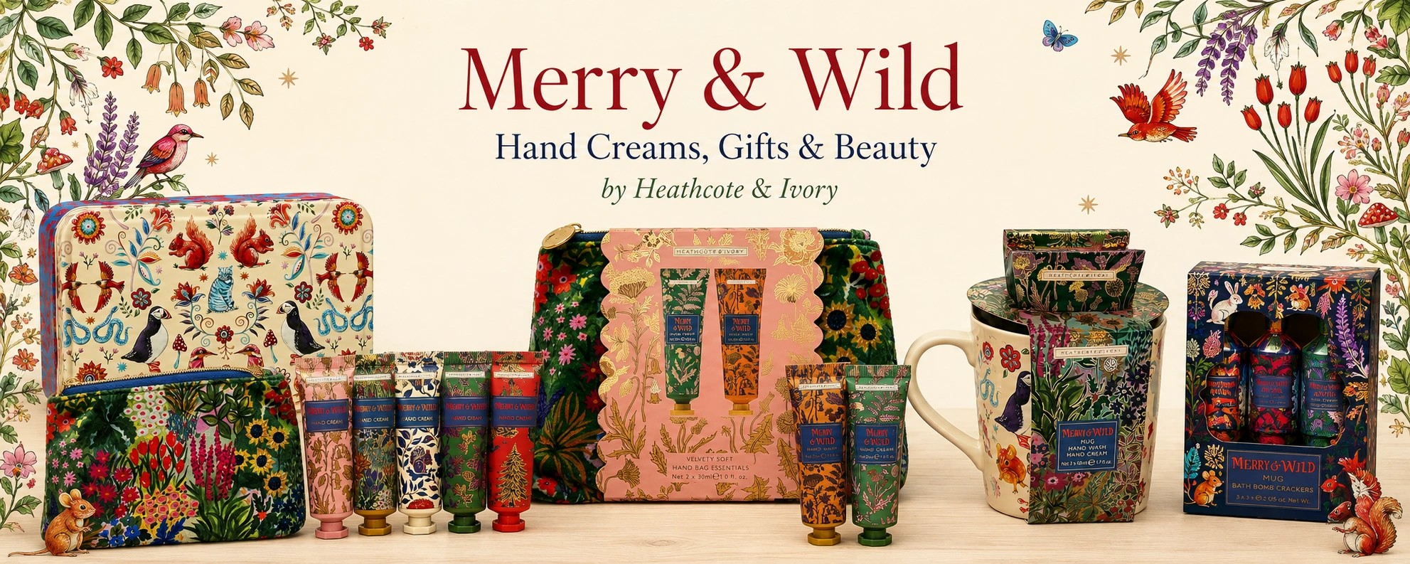 Merry & Wild by Heathcote and Ivory hand creams, gifts, cosmetic bags and beauty at Coyful